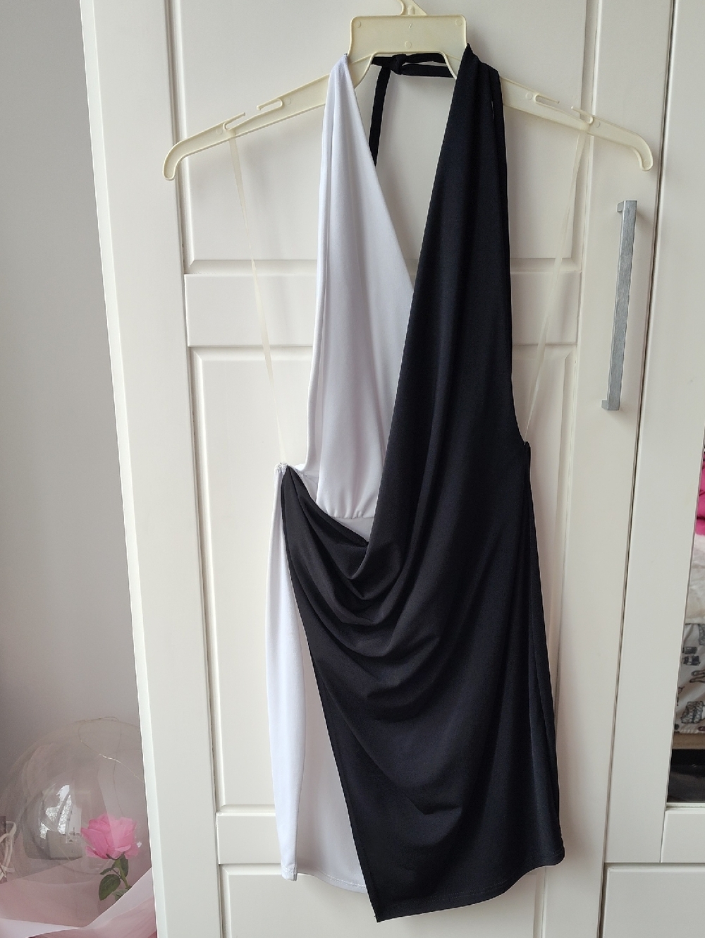 Black and White Draped Halter Mini Dress
